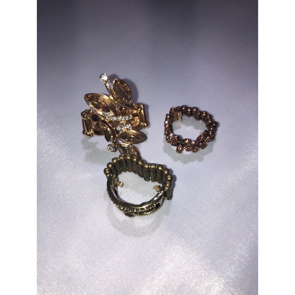 Paparazzi Stretch Ring Set Gold Copper Amber Crystal Floral Statement 3pc